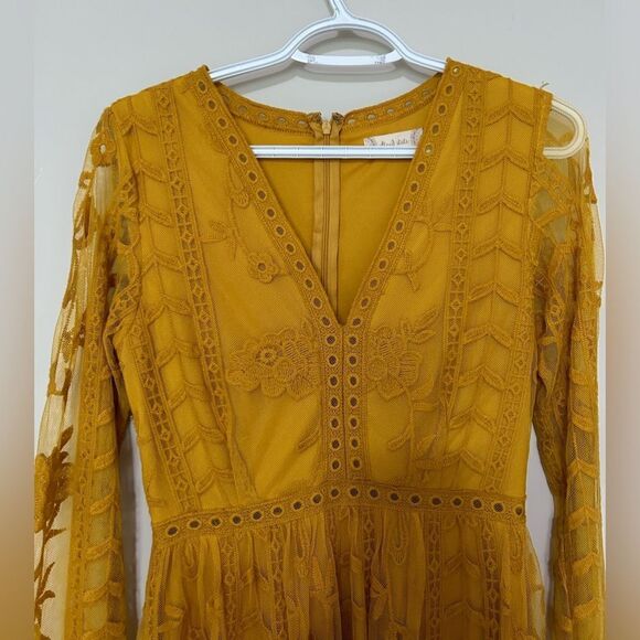 Altar’d State Tabatha Mustard Yellow Golden Long Sleeve Lace Mini Dress - Picture 3 of 9